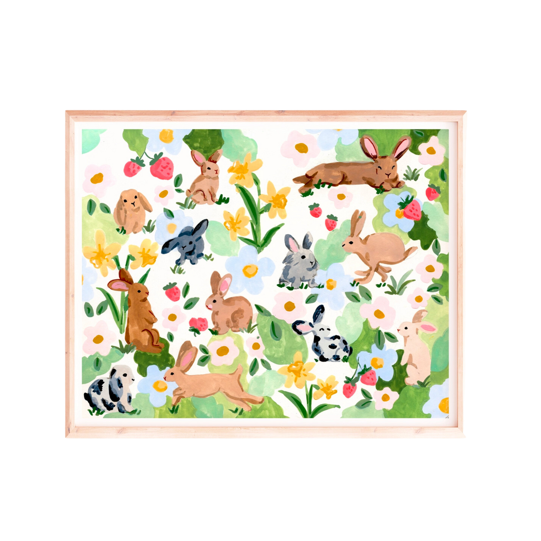 Rabbits and Strawberries Art Print