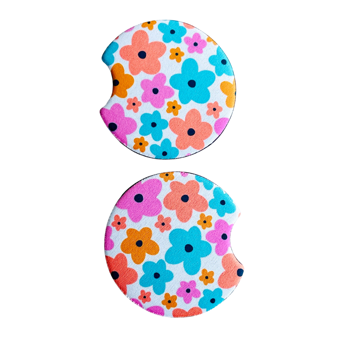2 Car Coasters, Colorful Floral Design