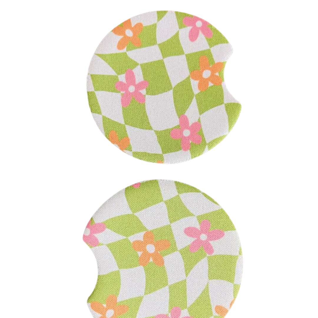 2 Car Coasters, Groovy Green Check and Pink Daisy Design