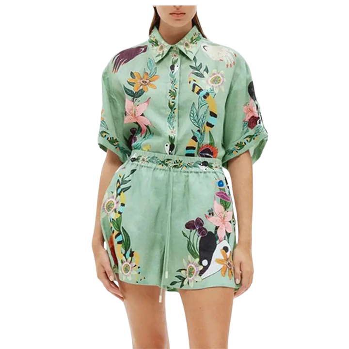 Vintage Print Shirt Shorts Casual Two-Piece Set