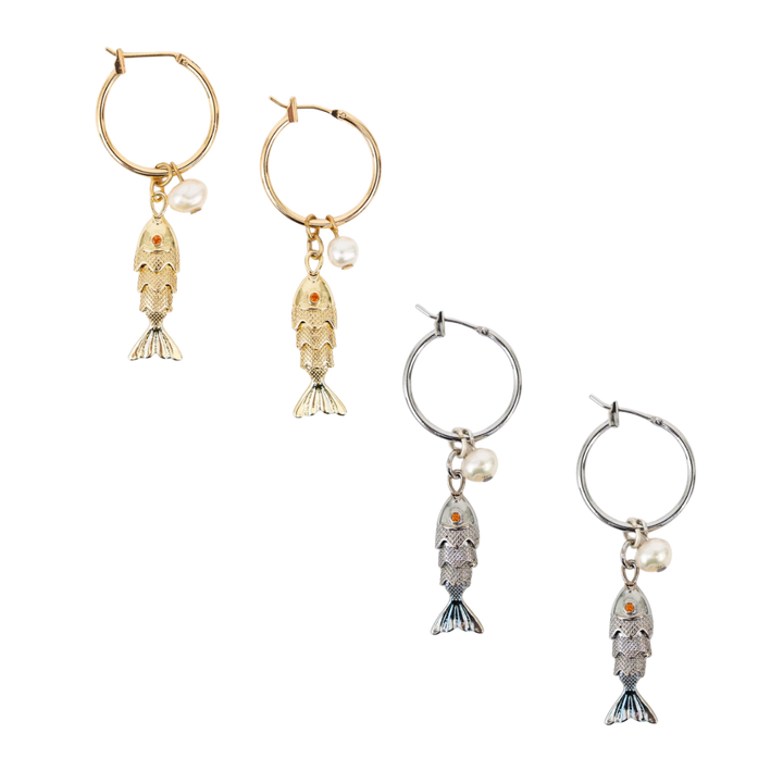 Fish and Pearl Hoop Earrings