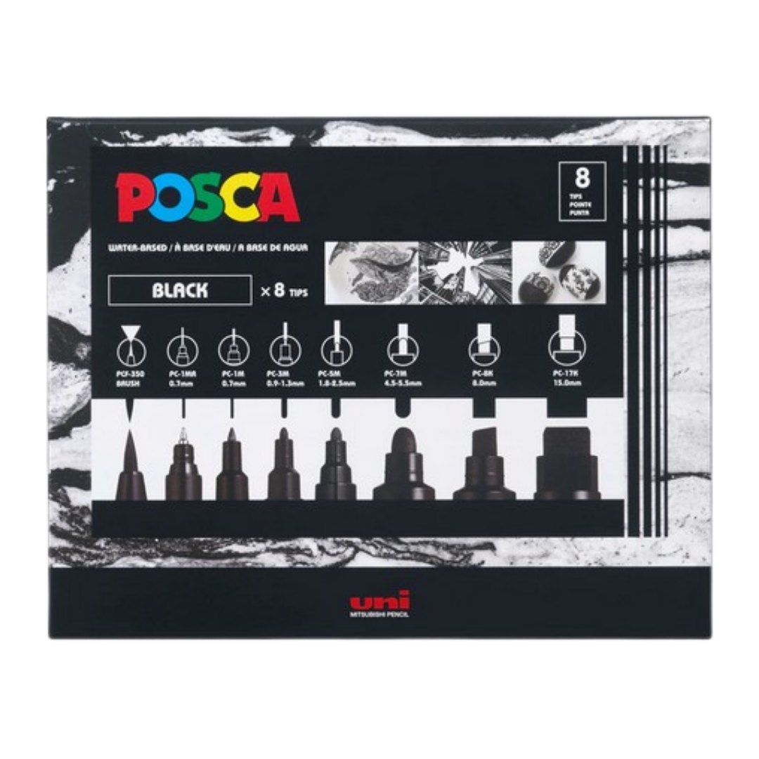 POSCA Paint Marker Set — Black Assorted Tips (8-Piece Set)