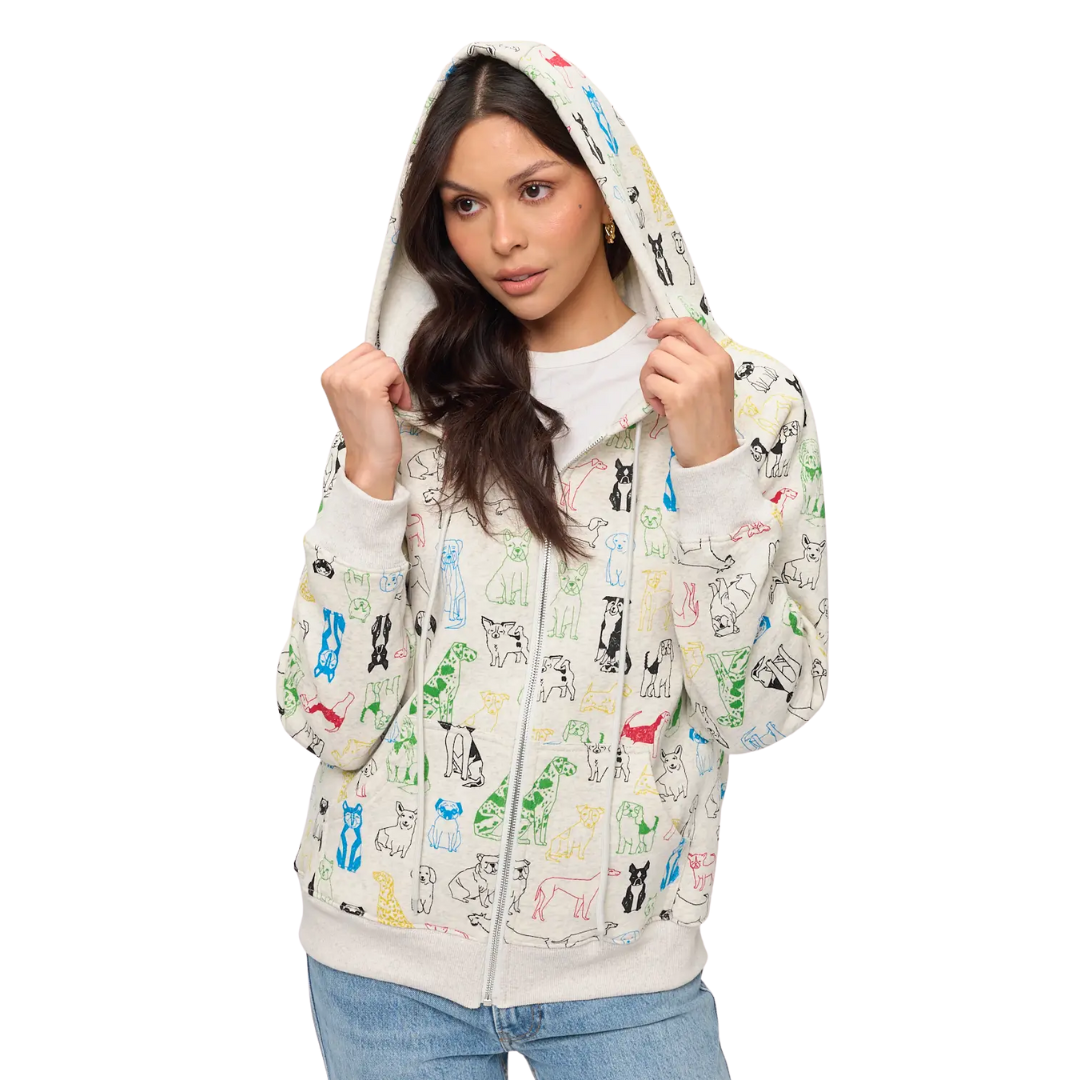 Colorful Graphic Dogs Print Zip Up Hoodie
