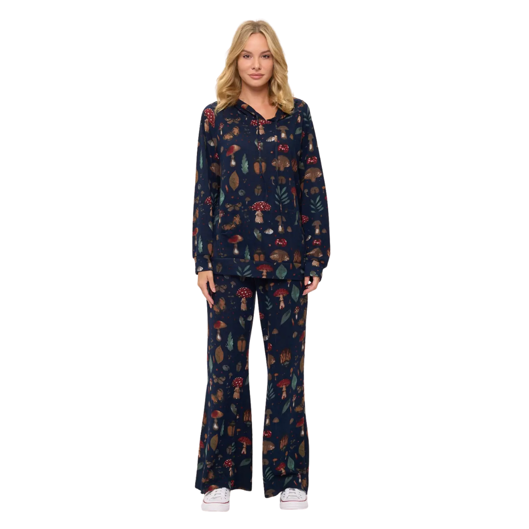 Mushrooms and Bugs Print Flare Pants