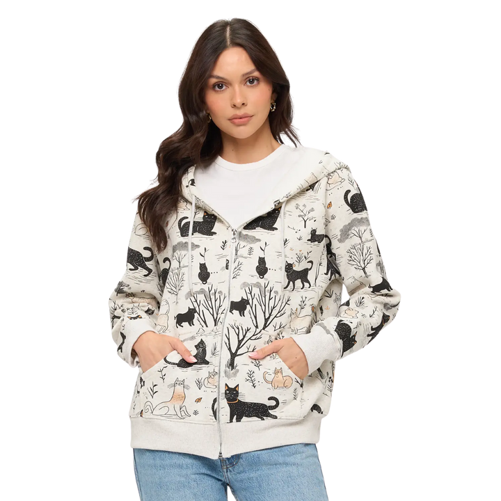 Whimsical Cat Forest Print Zip Up Hoodie