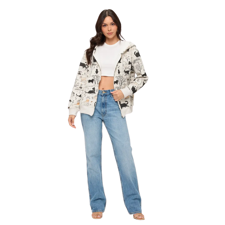 Whimsical Cat Forest Print Zip Up Hoodie