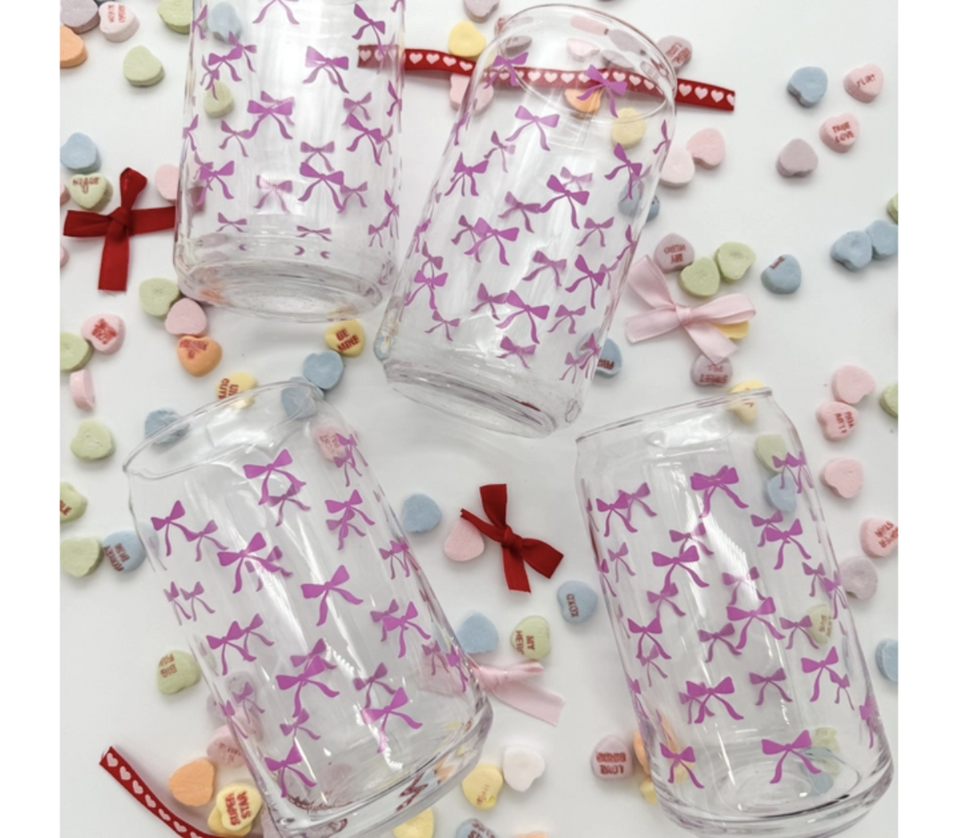 Pink Bow 16 oz Can Glass Cup-Dishwasher Safe