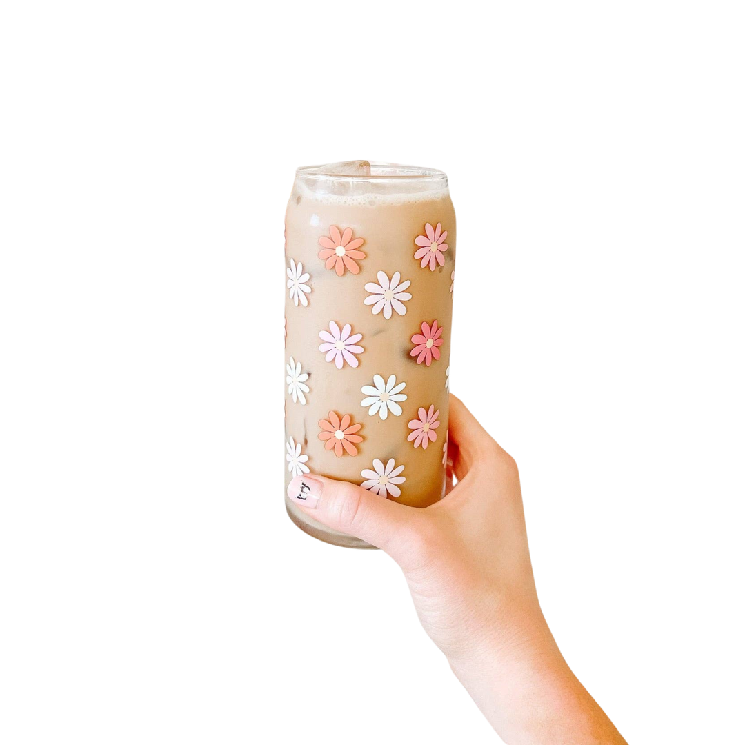 20oz Retro Daisy Iced Coffee Beer Can Glass