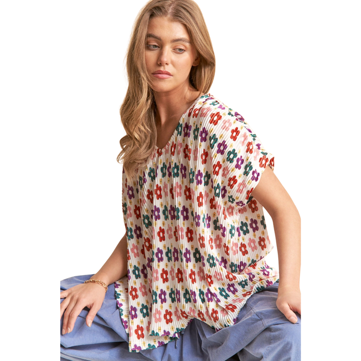 Multicolor Floral Print Plisse Short Sleeve Top