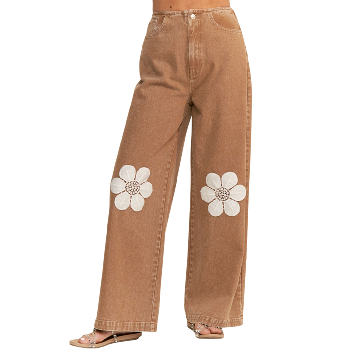 Floral Embroidered Knee Wide Leg Jeans