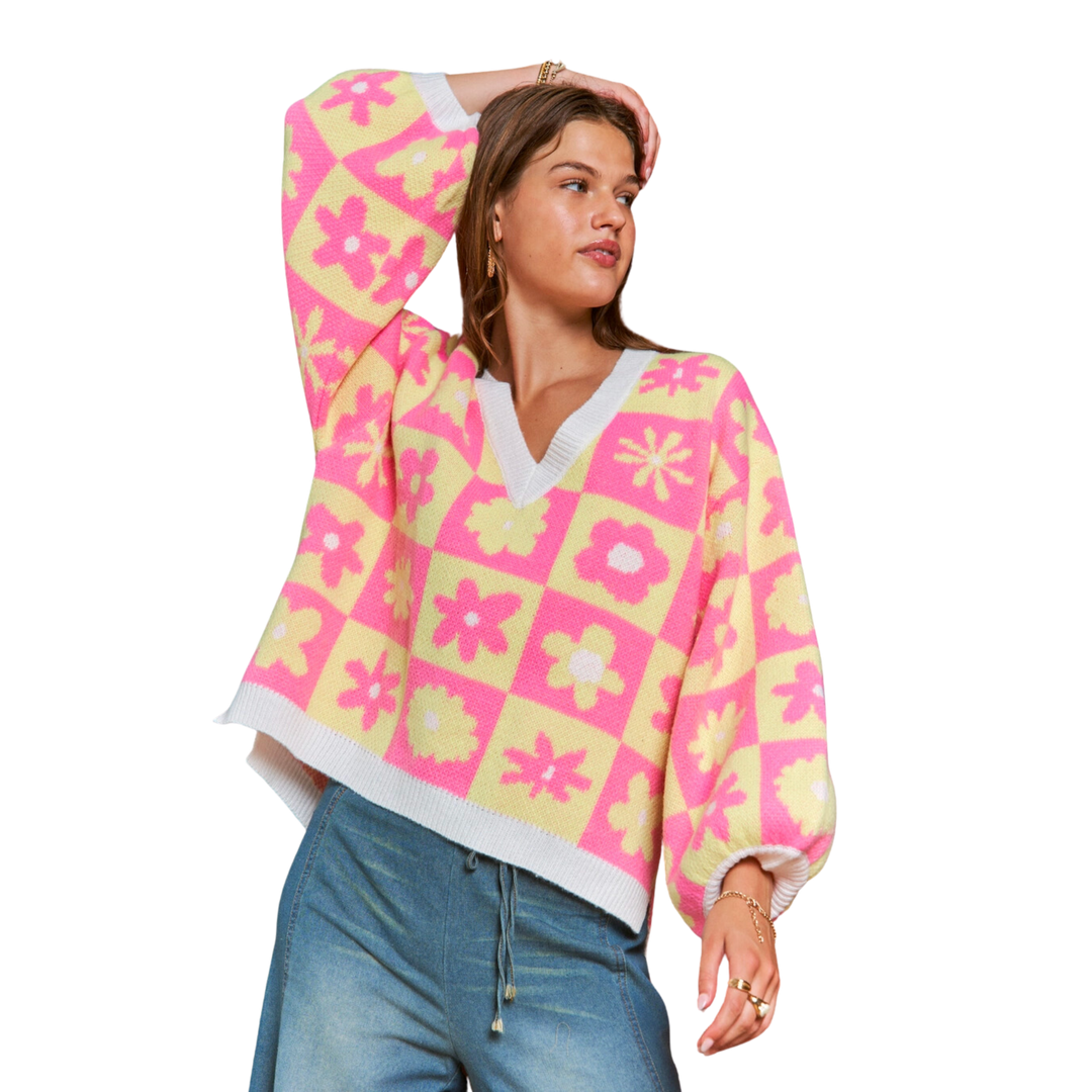 Knit Checkered Floral Sweater - Pink Lemonade
