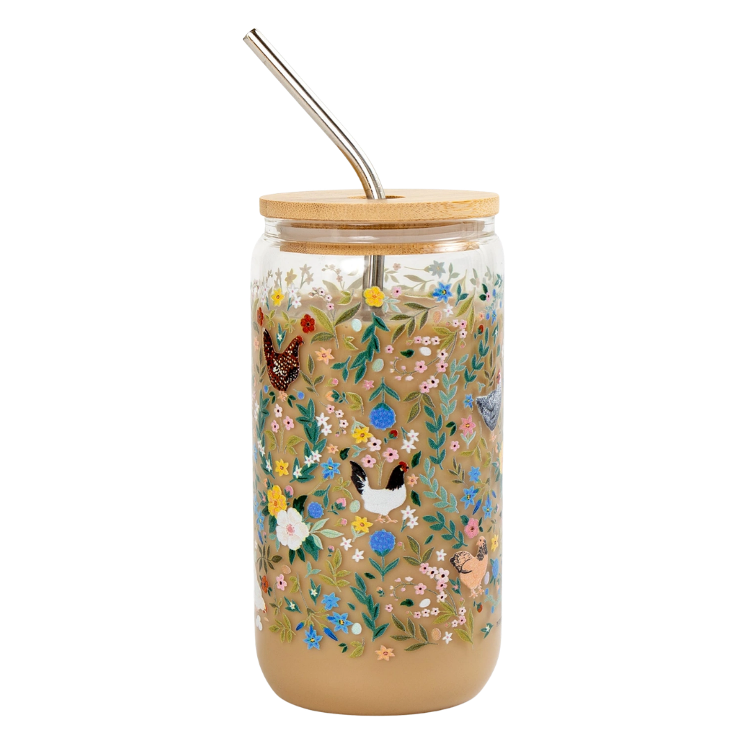 Chickens & Flowers Glass Can
