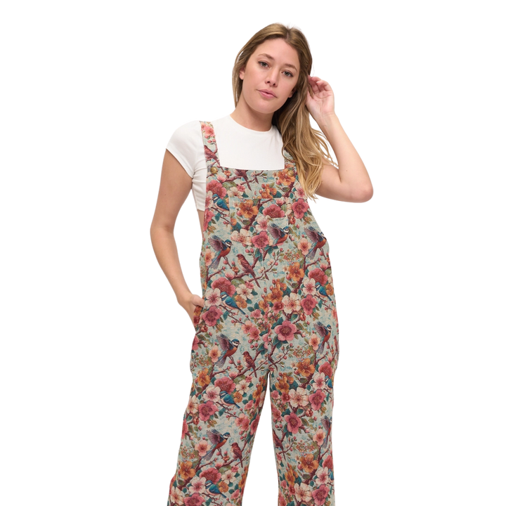 Vintage Floral Aviary Tapestry Overalls