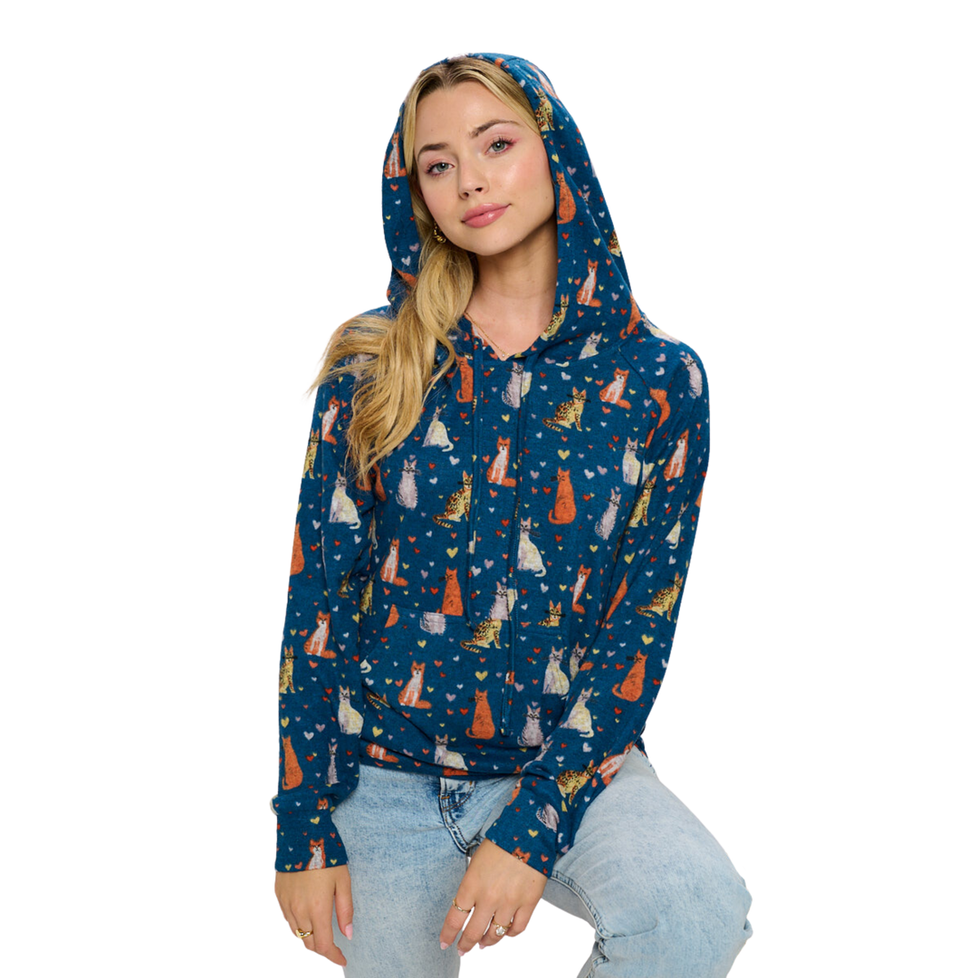 Cat Heart Print Tunic Hoodie