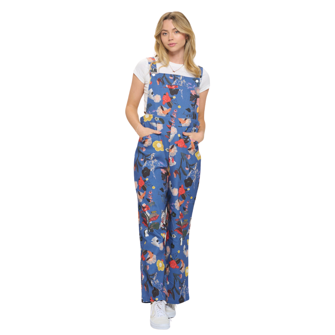 Floral & Bird Print Overalls - Blue
