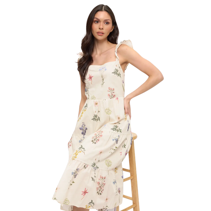 Vintage Floral Print Ruffle-Sleeve Midi Dress