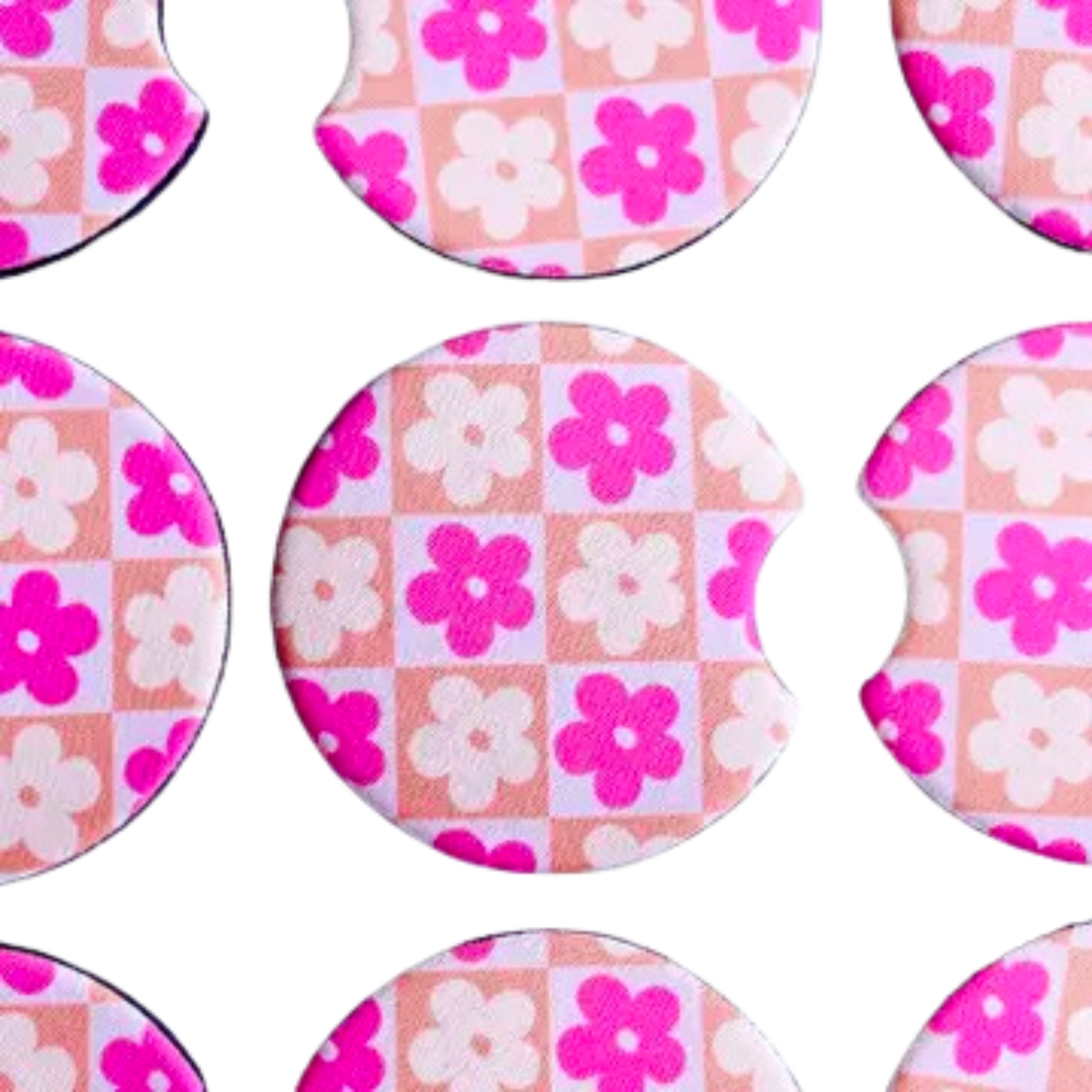 2 Car Coasters, Pink and Orange Checkered Daisy Design