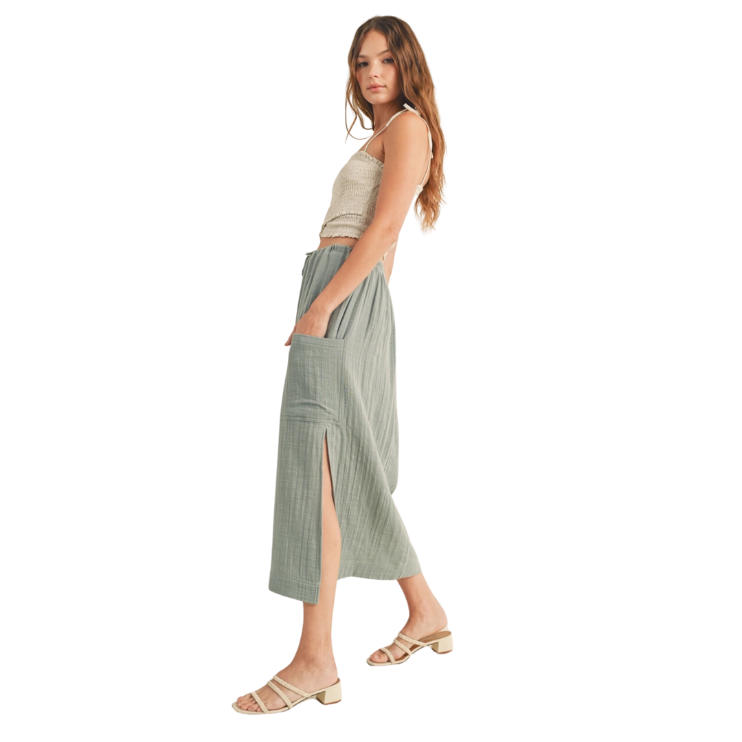 Linen Midi Skirt with Braided Drawstring