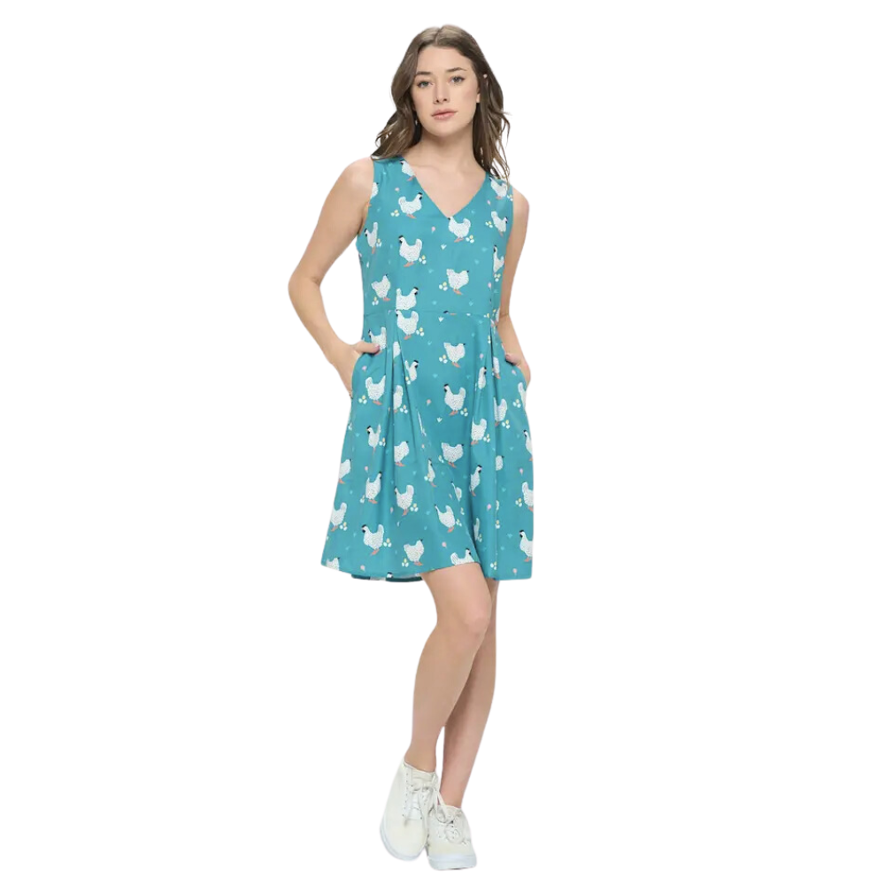 Rooster Chicken Print Dress With Pockets