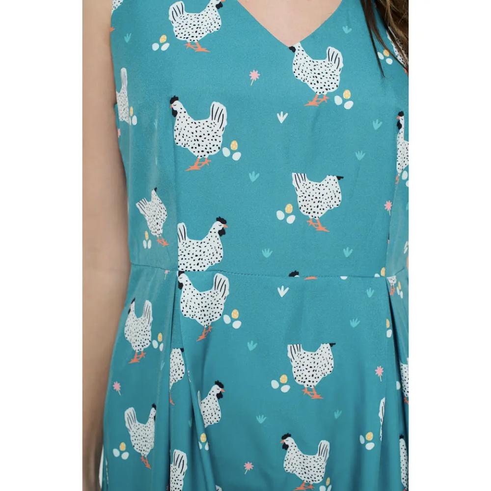 Rooster Chicken Print Dress With Pockets