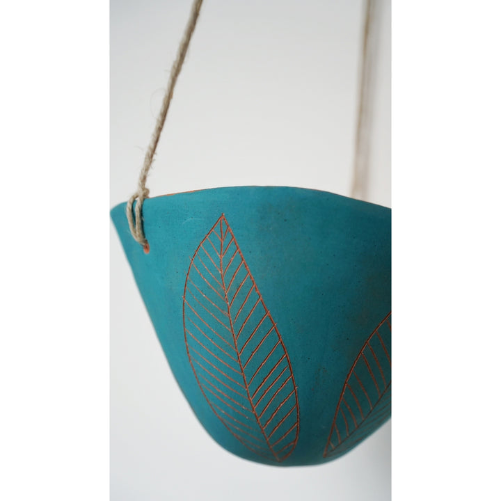 Leaf Hanging Planter in Teal & Terracotta