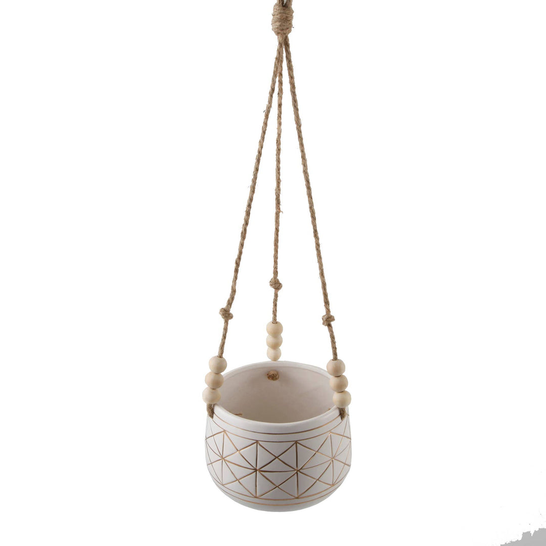 6" Gold Geo Ceramic Hanging Planter with Beads