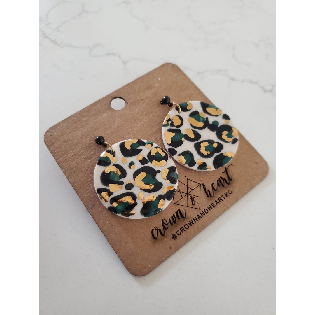 Green Leopard Circle Earrings
