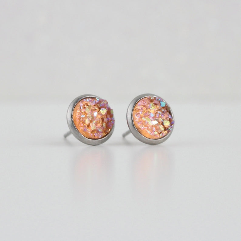 Peach Melon Druzy Crystal Stud Earrings