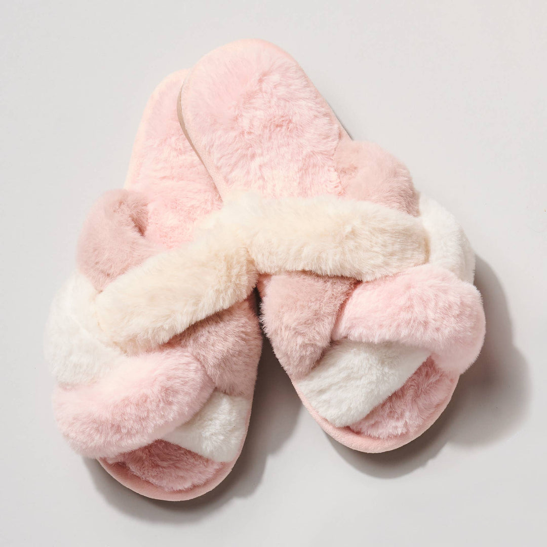 Beige Criss Cross Knot Faux Fur Slippers