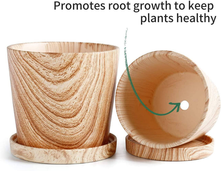 Wood Pattern Ceramic Planter with Tray