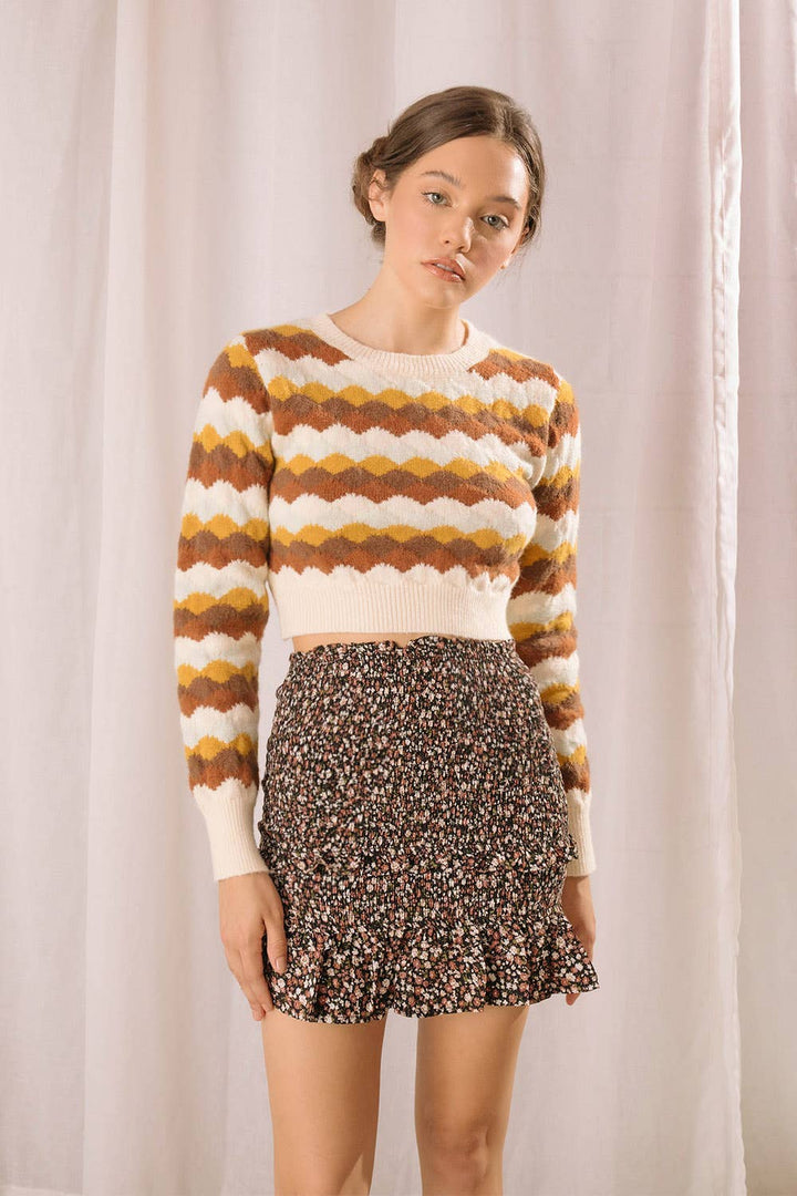 Wavy Nude Color Block Print Pullover Sweater