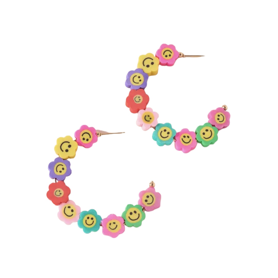 Smiley Face Flower Bead Hoop Earrings