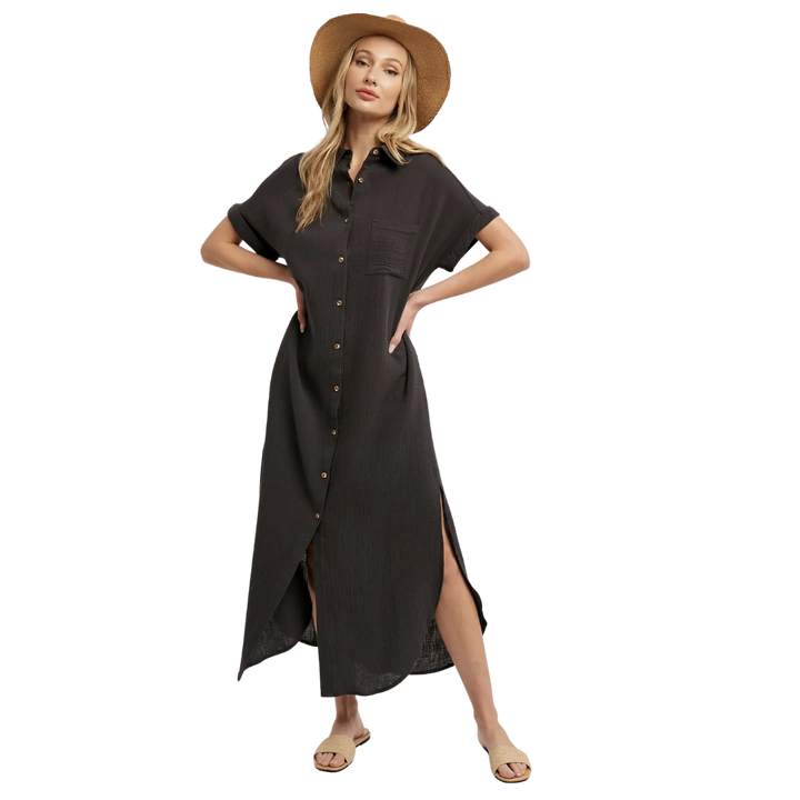 Button Up Maxi Shirt Dress - Ash