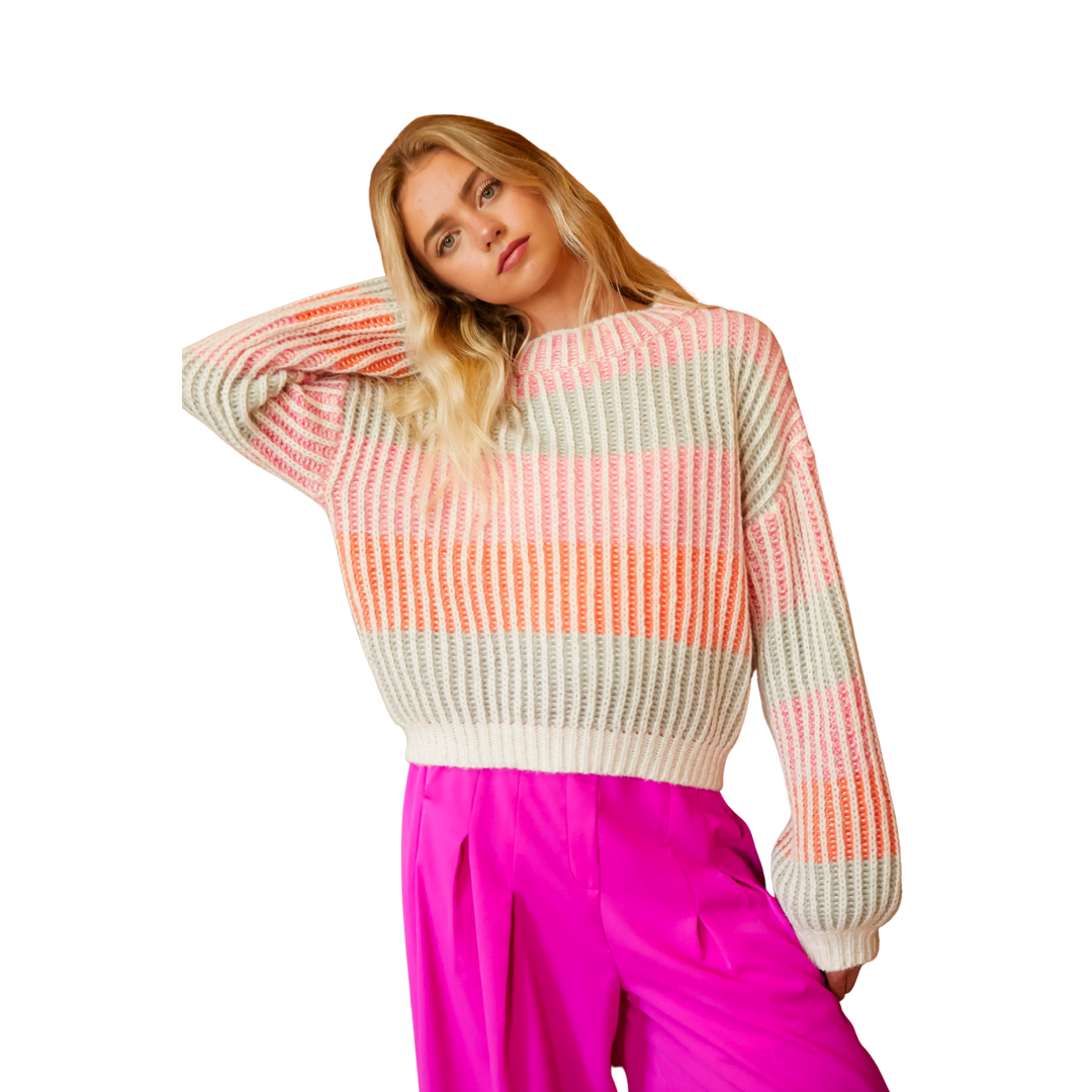 Color Block Round Neck Long Sleeve Sweater