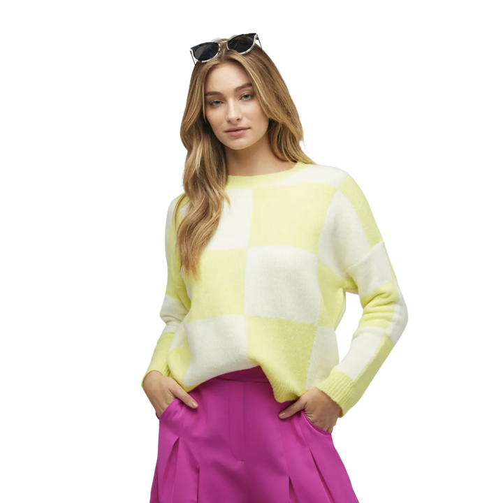 Monochrome Big Checker Fuzzy Block Sweater Top Neon Yellow