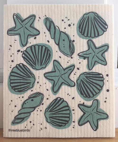 Sea Shells on White Swedish Dishcloth
