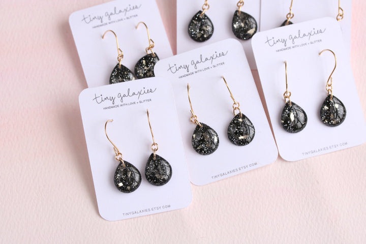 Charcoal Glitter and Glass Shard Teardrop Earrings