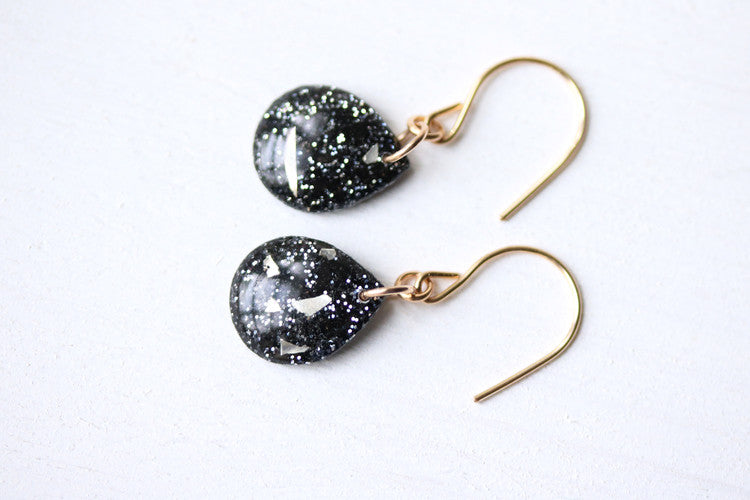 Charcoal Glitter and Glass Shard Teardrop Earrings