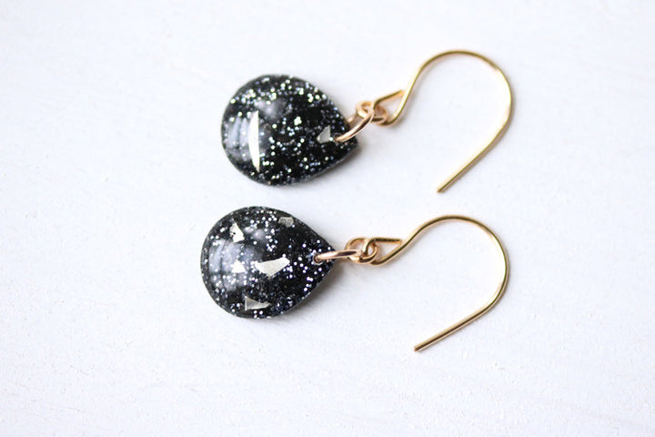 Charcoal Glitter and Glass Shard Teardrop Earrings