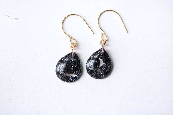 Charcoal Glitter and Glass Shard Teardrop Earrings