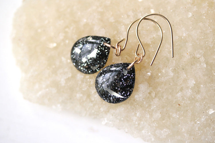 Charcoal Glitter and Glass Shard Teardrop Earrings