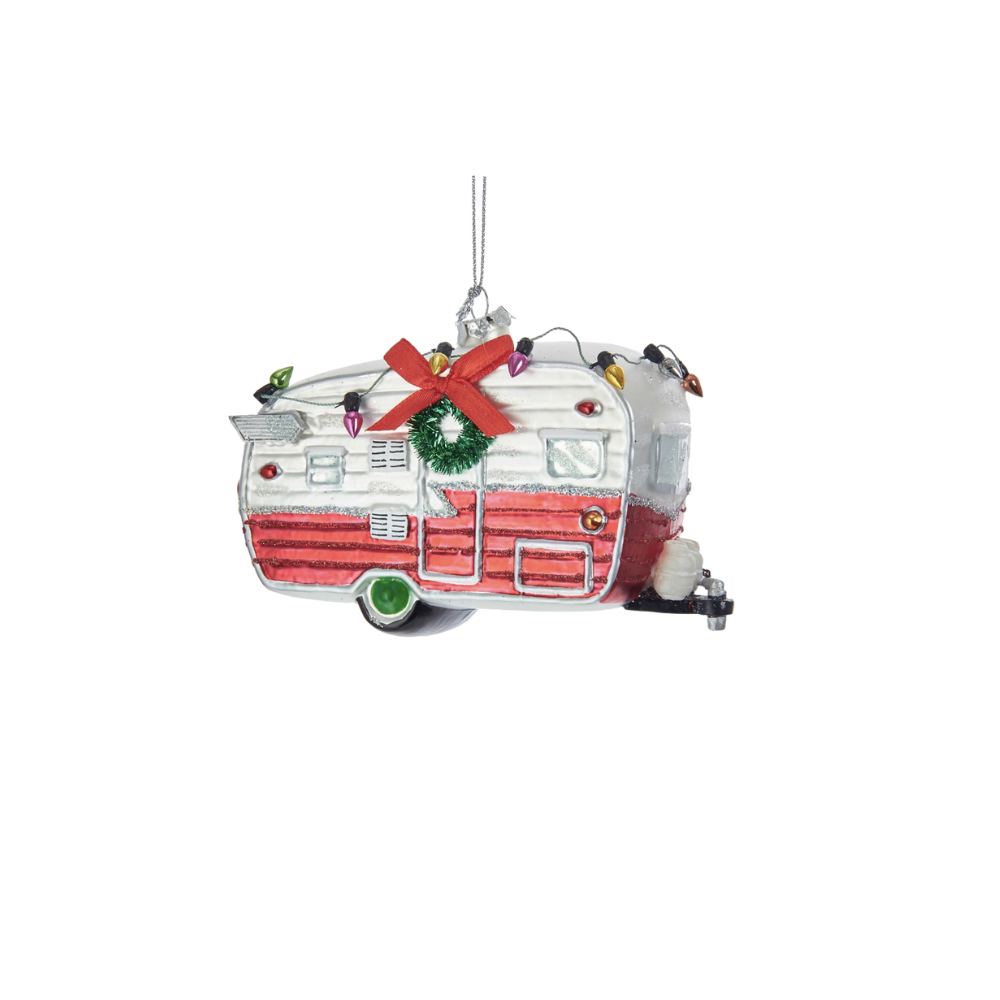 Red and White Camping Car Glass Ornament