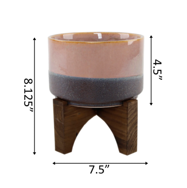 Lava Pink Ceramic Planter On Wood Stand