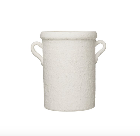 Decorative Coarse Terracotta Crock with Handles - Distressed White Glaze