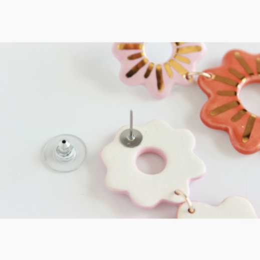 Gold Cutout Flower Ceramic Statement Earrings - Pink/Burnt Orange