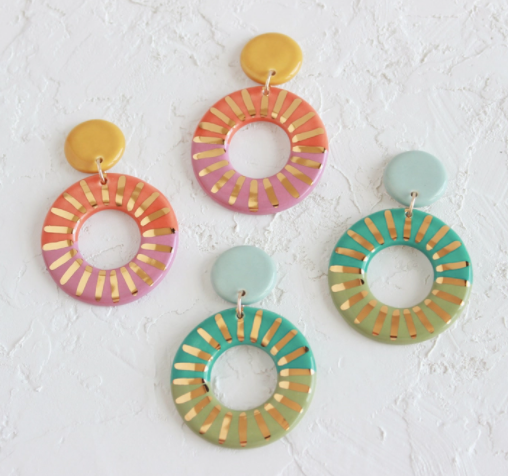 Tri-Color Sunburst Ceramic Statement Earrings