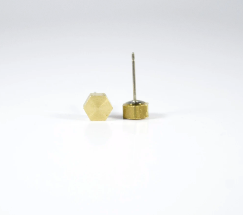 3D Hexagon Brass Post Earrings