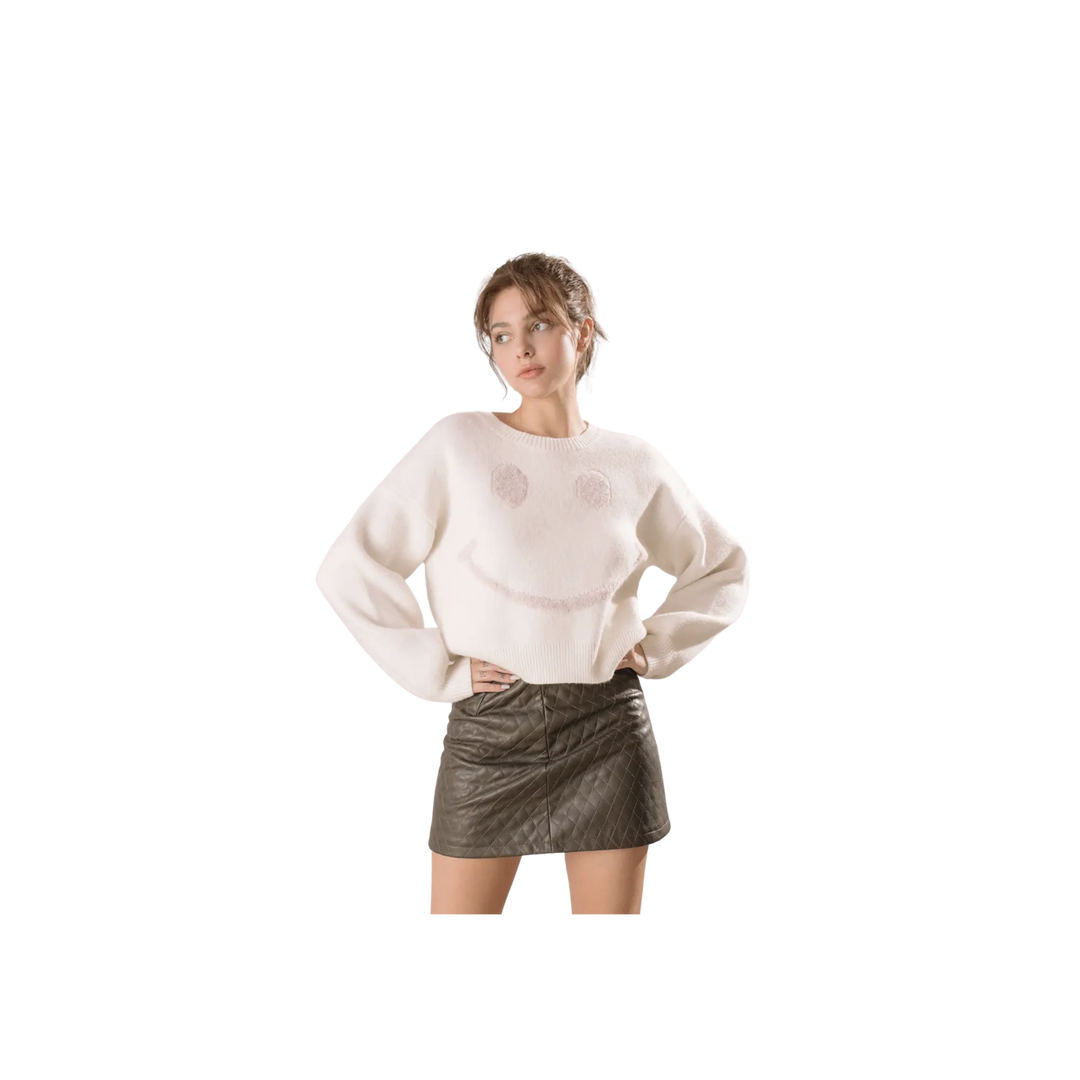 Monochromatic Happy Face Knit Pullover