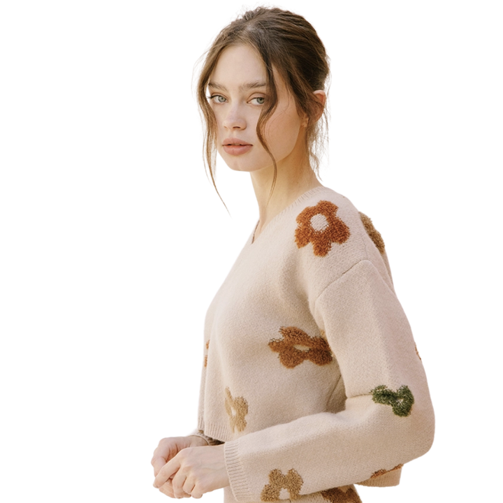 Multi-Color Daisy Cropped Knit Sweater
