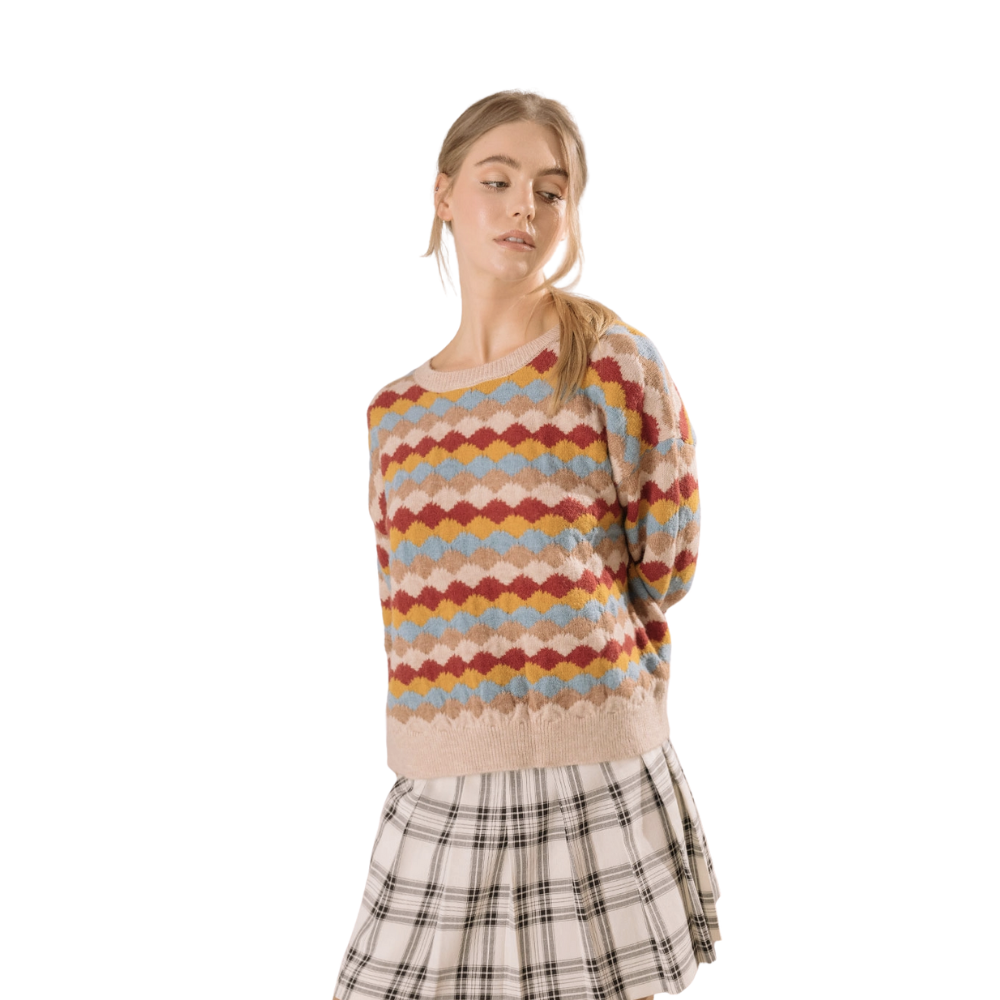 Wavy Multi Color Block Print Pullover Sweater